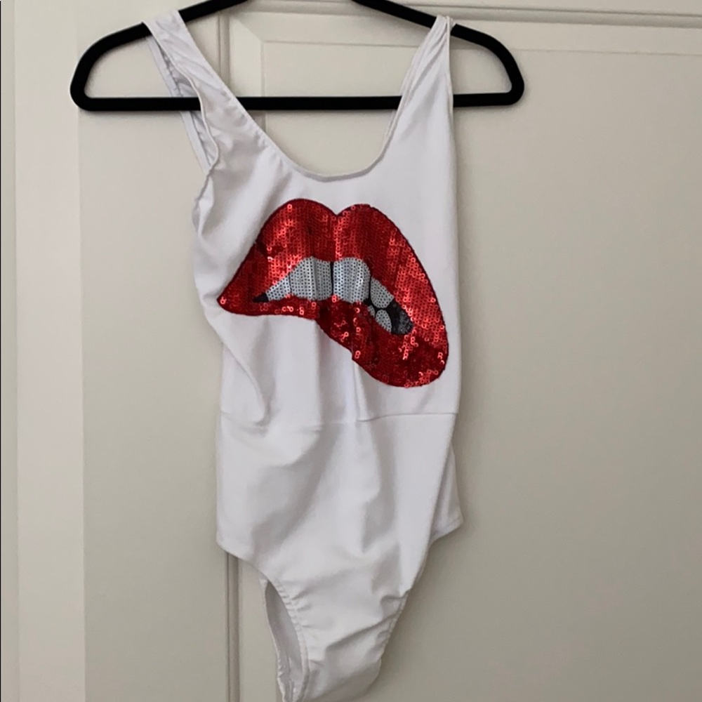 Tasteful girl lips bodysuit embellished